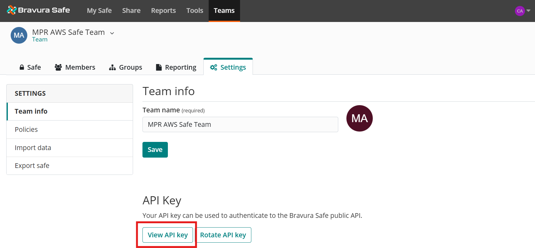 mpr aws safe team api key